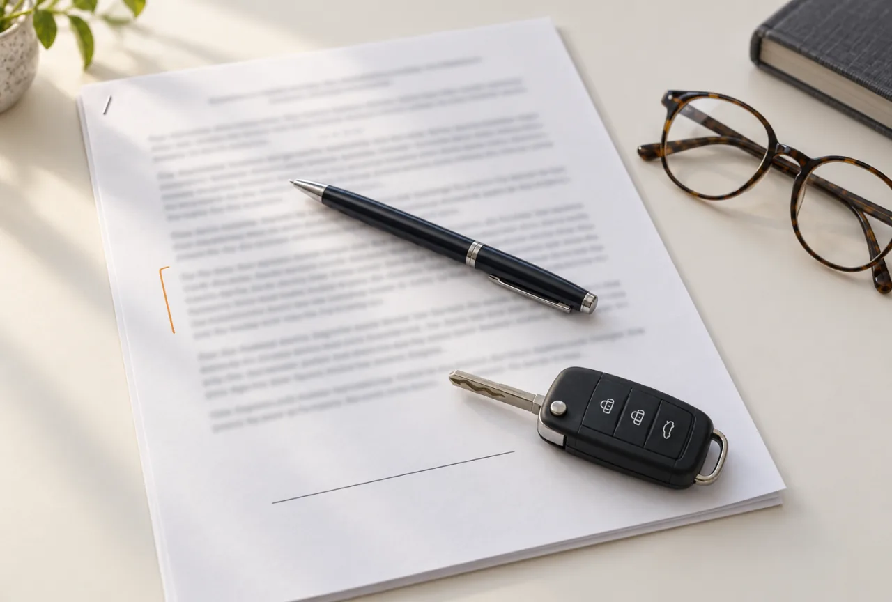 Contratto con una penna, una chiave d'auto accanto alla riga della firma ancora vuota e un paio di occhiali